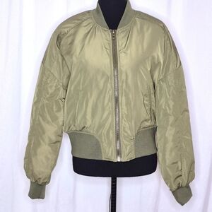 Happily Grey Cropped Bomber Jacket in Olive Green - Size L